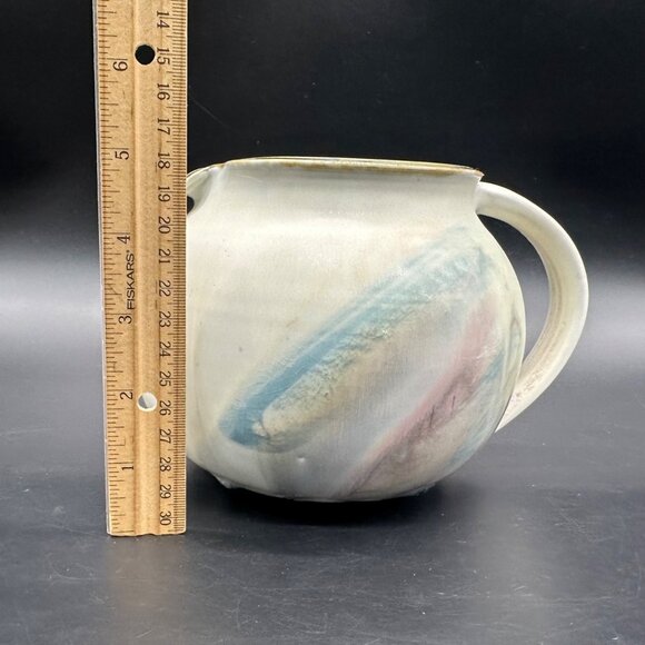 Vintage Art Pottery Pitcher Jug Pastel Purple Abstract Signed Planter Squatty - Picture 11 of 12